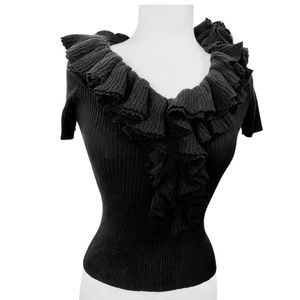 TRINA TURK Los Angeles Black Sweater Knit BodyCon Pullover Top  Ruffle S/M NEW